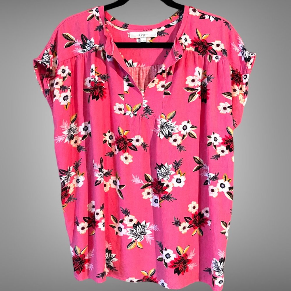 LOFT bright pink split neck floral lightweight summer top